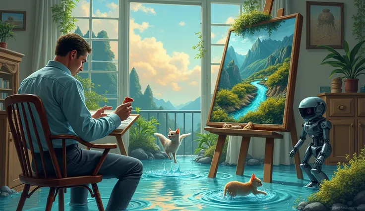 Un artiste peintre assis devant sa peinture placée sur le chevet et le paysage qui sort du tableau, le tout dans son atelier ,leau coule dû tableau sur la table et un chat essaie dattraper un oiseau sorti du tableau et un robot essaie de sortir du tableau ...