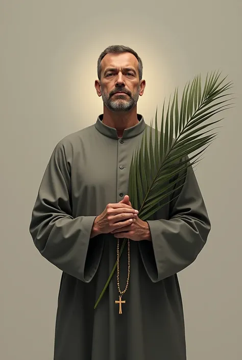 a man with short hair standing with rosary and palm 