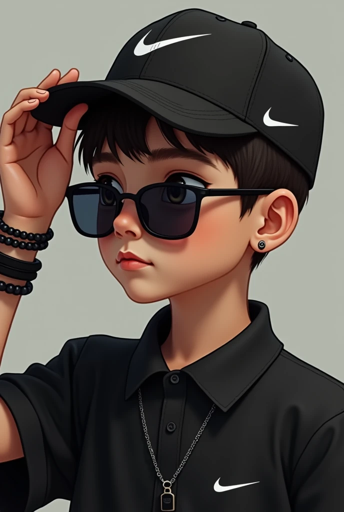 a boy wearing black nike collor shirt with folded hands, black nike hat black slim gogals , black simple locket and 3 simple black bracelet wearing and right hand touching cap. Half cropped dimensions, realistic 