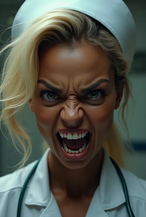 Dark skin nurse  woman   caisher  angry teeth  blonde 