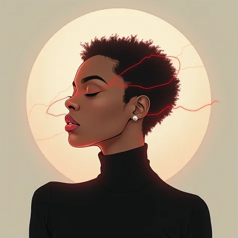 Minimalist art, an 80s airbrush illustration of the upper body and face of an African American woman with very short hair in a black turtleneck. She is enveloped by a glowing white light that has red waves around her head. The background is a solid color.