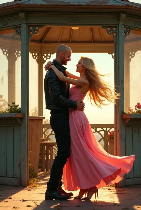 Generate the image of a woman with long blonde hair wearing a long pink dress, happy dancing with her black boyfriend who has shaved hair and wears black clothes and a leather jacket , well trimmed, they are in an old kiosk 