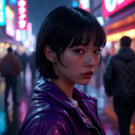 A close-up of a young woman with short black hair and intense eyes, set against the backdrop of a neon-lit city street at night. The scene captures a rainy atmosphere, with raindrops visible in the air and on her shiny purple jacket. The neon signs in the ...