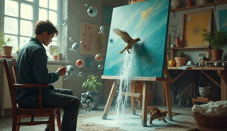 Un artiste peintre assis devant sa peinture placée sur le chevet et le paysage qui sort du tableau, le tout dans son atelier ,leau coule dû tableau sur la table et un chat essaie dattraper un oiseau sorti du tableau et un robot essaie de sortir du tableau ...