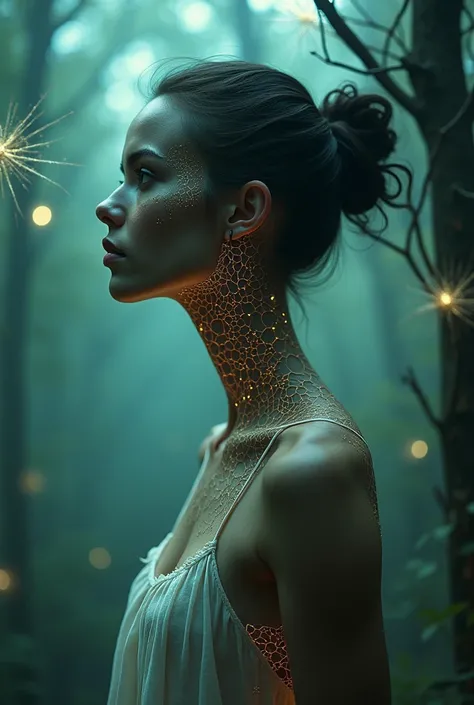 a beautiful woman, her neck is very long and flexible, tattooed with a honeycomb, wearing a shabby dress, intricate designs, mystical forest background accompanied by bioluminescent spider webs, surreal art