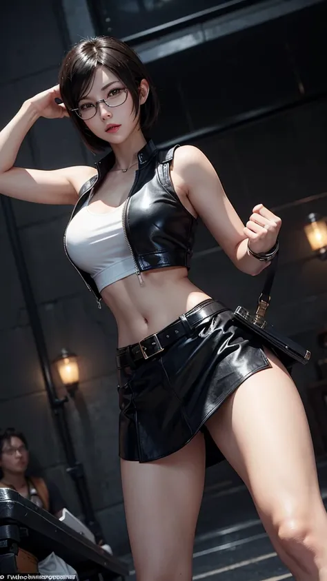 Beautiful, Female, Tifa Lockhart, dynamic pose, sexy, look at viewer, wear glasses, short Hair, black hair, 3D Rendering, close vest, exposed belly, leather skirt, belt,