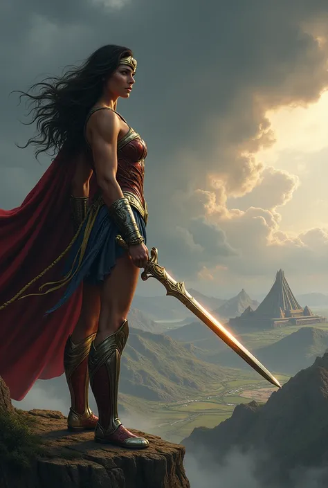 "Visualize Wonder Woman as an ancient Amazonian warrior in a realistic, high-resolution setting. She wears a bronze breastplate adorned with intricate Amazonian designs, leather greaves, and a battle-worn shield. Her sword is elegantly crafted, shining wit...