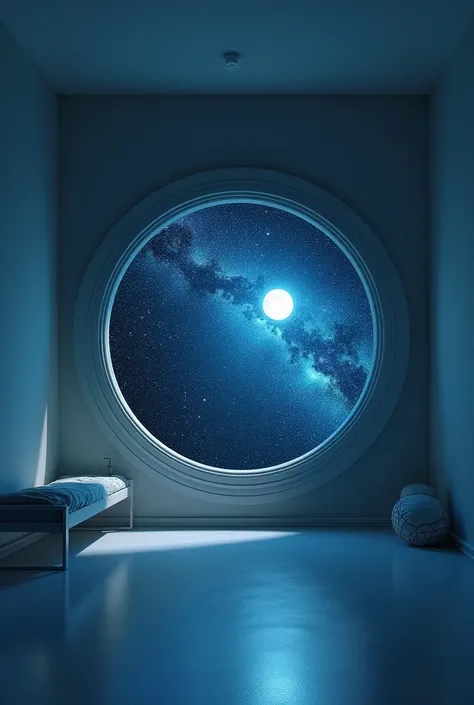 A small, minimalist room in calming blue shades, with no furniture or décor except for a porthole window on the wall. Through the porthole, a vast, starry night sky is visible, with a bright moon casting soft light into the room. The stars outside twinkle ...