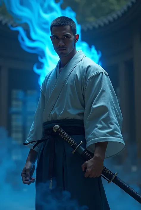 A male samurai standing in the dark  with short hair and lean athletic physique, wearing kimono and holding a katana of blue flames with low poly 3d rendering image mid shot