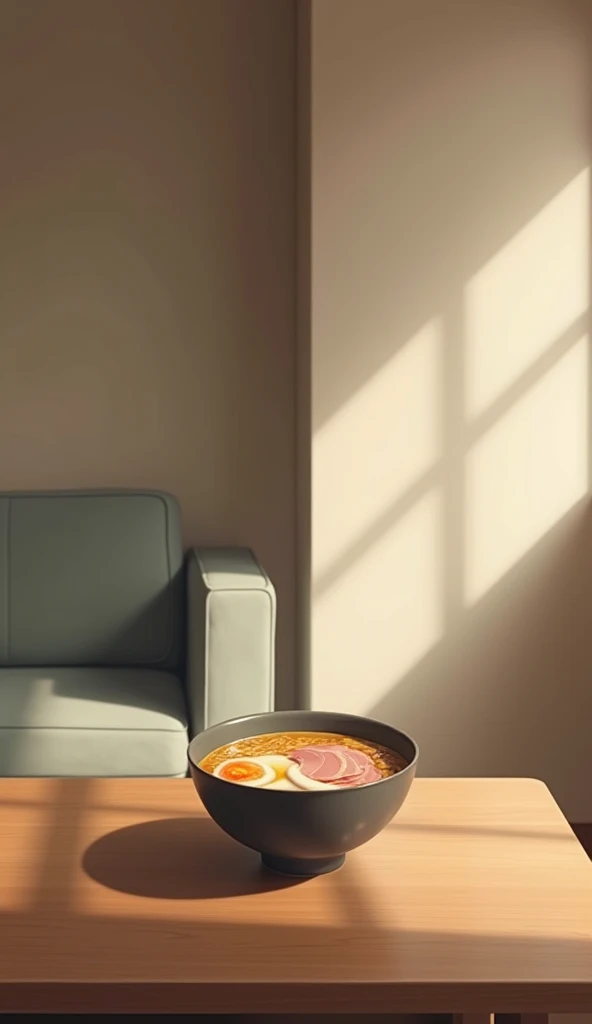 ((Best Quality)), ((masterpiece)), (detailed),
Simple carpet。Gray sofa Rectangular chabudai table、
The bowl of plain ramen comes with two slices of ham and half a boiled egg on top.。
