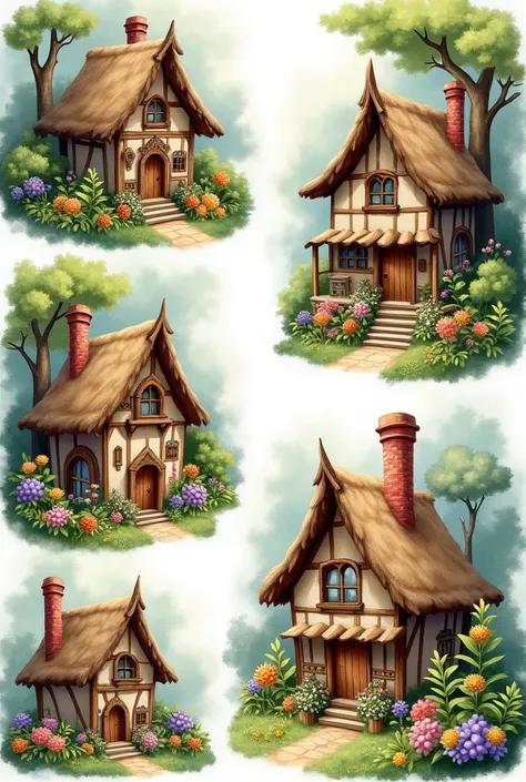 a white background, featuring beautiful fairy tale houses in the forest, watercolor, highly detailed, hyper realistic, fantasy illustration, clip art sheet, each miniature home is surrounded by lush greenery or blooming flower, sold english architecture, c...