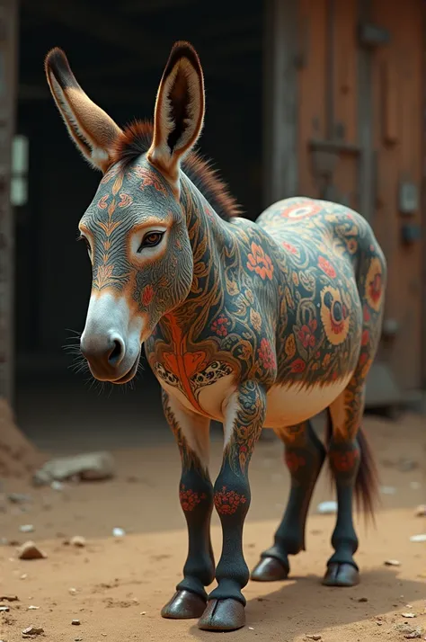 Donkey full of tattoos
