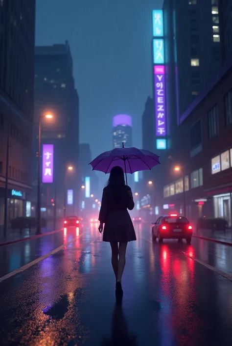  Photo  realistic Night road and buildings and building lights purple and white road in cars cars light red 
In women in road  women hand umbrella in ran weather in ran 