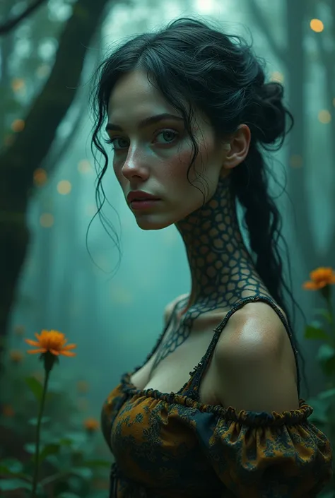 a beautiful woman, curiosly looking to camera, her neck is very long and flexible, tattooed with a honeycomb, wearing a shabby dress, intricate designs, mystical forest background accompanied by bioluminescent spider webs, surreal art