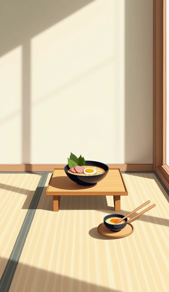 ((Best Quality)), ((masterpiece)), (detailed),
Simple carpet。
Rectangular chabudai table、
The bowl of plain ramen comes with two slices of ham and half a boiled egg on top.。
