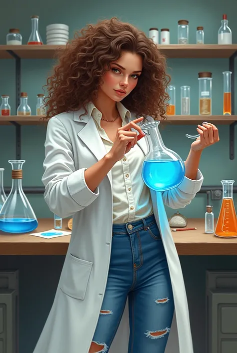 a  woman with curly brown hair and a lab coat, white blouse, ripped jeans, scientist coat holding a bottle with blue liquid, realistic drawing 