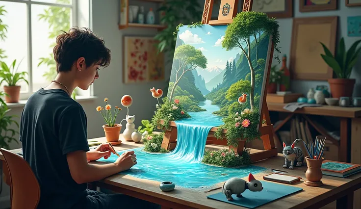 Un artiste peintre assis devant sa peinture placée sur le chevet et le paysage qui sort du tableau, le tout dans son atelier ,leau coule dû tableau sur la table et un chat essaie dattraper un oiseau sorti du tableau et un robot essaie de sortir du tableau ...