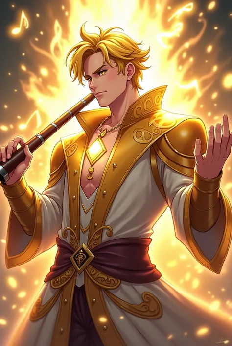 Anime style design of a young, semi-burly man, with golden good boy haircut, with bright golden eyes, Magical bard dress of mostly gold and silver colors and with a detail on the chest of a bright white musical note on the chest, while surrounded by an aur...