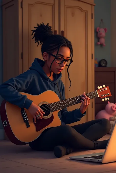 Une fille 21 ans métisse peau caramel cheveux tressées braids et grosses lunettes de vue joue de la guitare assise au sol par terre le dos contre son immense armoire en bois marron clair. Il fait nuit. She has a dark blue hooded sweater and black tights, b...