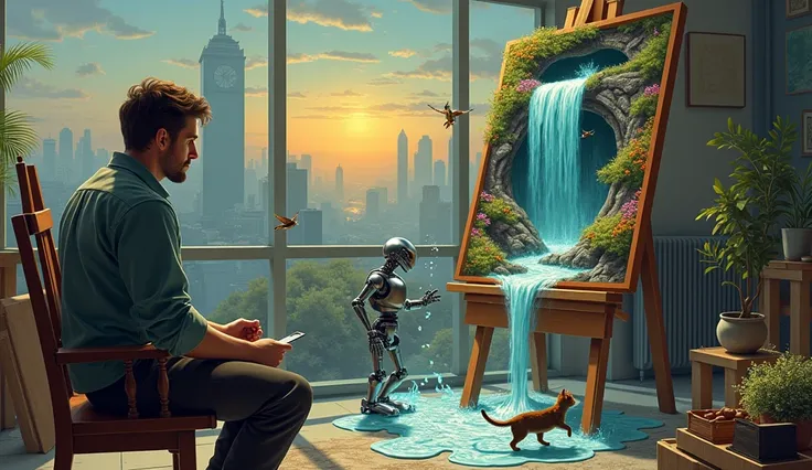 Un artiste peintre assis devant sa peinture placée sur le chevet et le paysage qui sort du tableau, le tout dans son atelier ,leau coule dû tableau sur la table et un chat essaie dattraper un oiseau sorti du tableau et un robot essaie de sortir du tableau ...