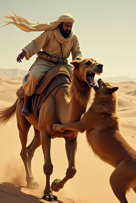 Dog biting a man on camel