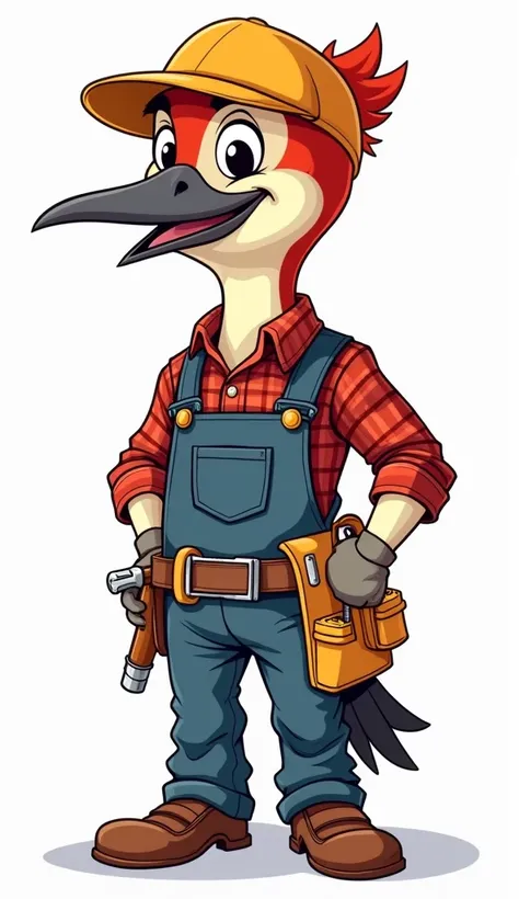 vector illustration of Woodpecker in comic style, wearing clothes like a human Carpenter. Isolated on white background