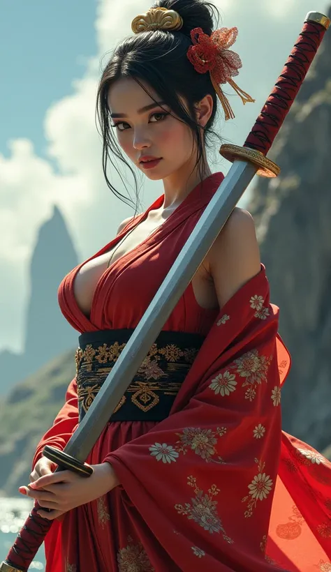 NSFW erotic beautiful 16-years-old girl standing on a cliff, wearing sexy black Japanese traditional kimono extreme detailed and realistic looking uniform, holding a huge Katina, big push up breast, beautiful face, seductive look, sexy make-up, hyperrealis...