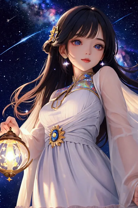 High detail, super detail, super high resolution, girl enjoying her time in the dream galaxy, surrounded by stars, warm light sprinkled on her, background is starry sky with colorful galaxies and galaxy clouds, stars flying around her, delicate face, addin...