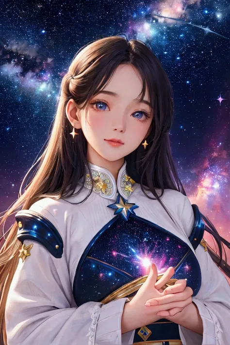 High detail, super detail, super high resolution, girl enjoying her time in the dream galaxy, surrounded by stars, warm light sprinkled on her, background is starry sky with colorful galaxies and galaxy clouds, stars flying around her, delicate face, addin...