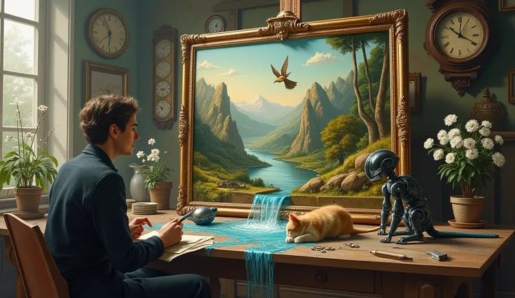 Un artiste peintre assis devant sa peinture placée sur le chevet et le paysage qui sort du tableau, le tout dans son atelier ,leau coule dû tableau sur la table et un chat essaie dattraper un oiseau sorti du tableau et un robot essaie de sortir du tableau ...