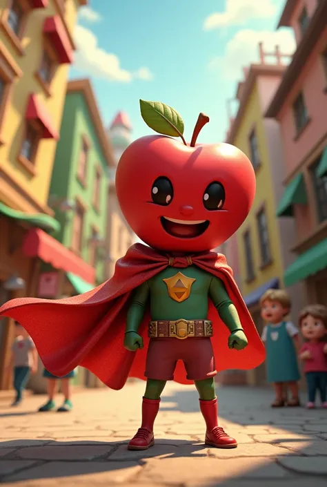 Apple Superhero: A apple superhero ready to save kids, wearing a colorful cape.