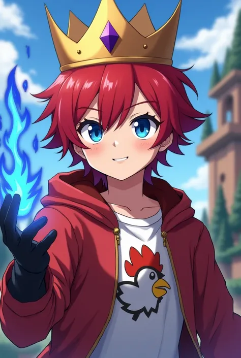 Change my Minecraft skin into anime boy wearing red hoddie and a crown With a small purple stone in the middle  and Red hair and White inner shirt with white chicken logo and Blue fiery Left hand and blue eyes 