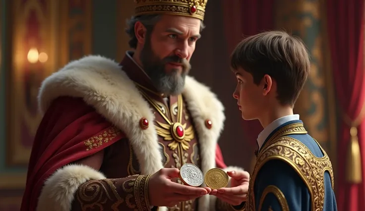 The king placing a silver coin and a gold coin in front of a young man