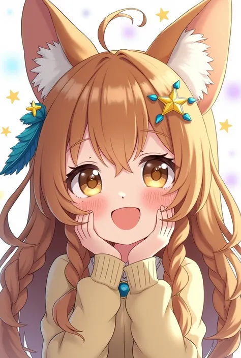 Best Quality, Best Quality, High resolution,One girl, Shortcuts, Brown Hair, Braids, Shortcuts, Hair that can&#39;t be tied up, Fox Ears, smile, Golden Eyes, happiness/joy, Grin, Droopy eyes, Red face, Star Hair Accessories, Feather hair accessories, Spark...