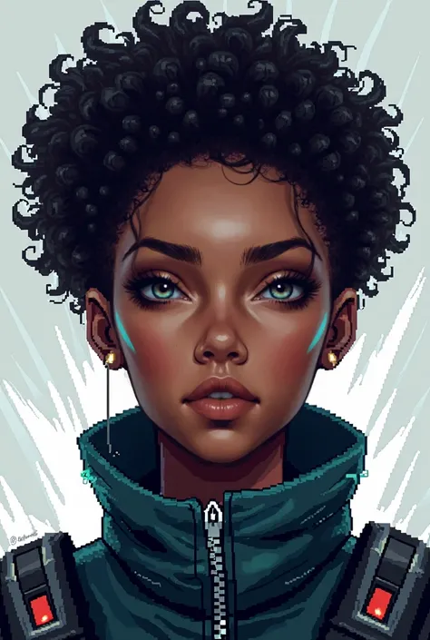 Drawing a black girl cyberpunk style, Short curly hair, cosmetic，Pixel Art，front