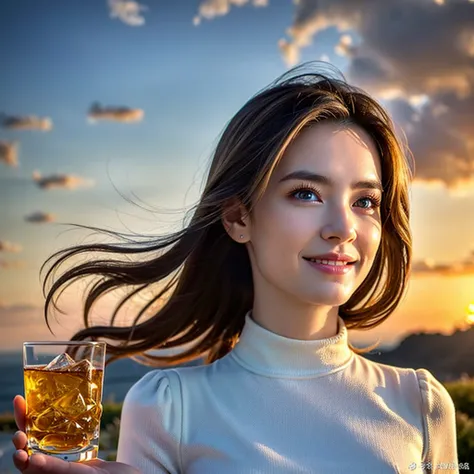 (Realistic, 超Realistic:1.4), 16K HDR, High resolution,((Whiskey Glass)),((Whiskey Bottle)),((Whiskey Glass)),Happy Smile、,The best smile、Japanese Actress,so beautiful(It looks like the real thing),Evening Dresses,Cocktail Dresses、Whiskey Bottle、The Macalla...