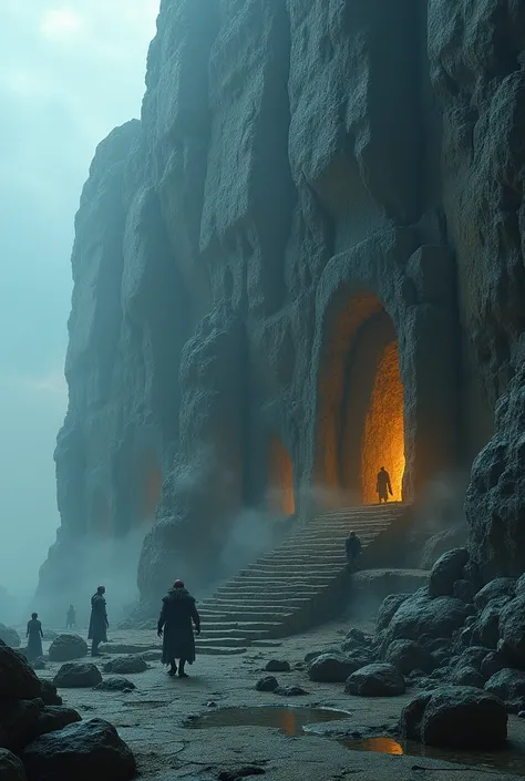 4k, realistic, Photography, high detailed,A high rock cliff has several doors like a cave on the cliff. There are stone stairs that connect the doors.,like ancient civilization,rocks moistened by water, puddle,humid environment,thick fog,mystical atmospher...