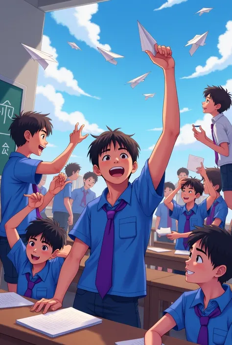 Students Playing in class with paper aeroplane and some of them studying on wooden bench a classroom senario but all of them should be in blue colour t shirt with violet tie and every student should not look similar all should be boys