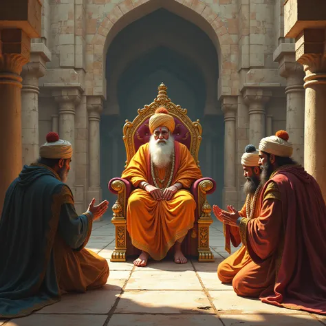 The goga ji maharaj sit on the chair in fort and the worrier sit on nees and he goint his two hands and the goga ji maharaj like he up his one hand