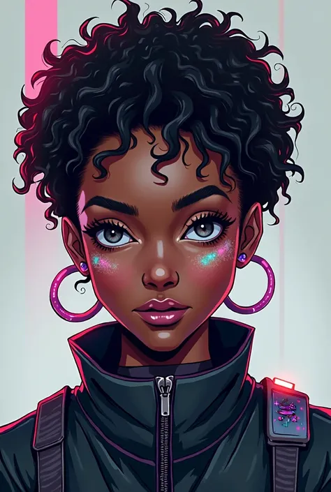 Drawing a black girl cyberpunk style, Short curly hair, cosmetic，Pixel Art，front