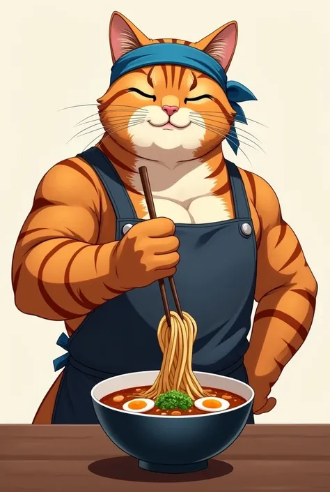 Super realistic illustration, 2D anime style , full body, A robust male Brown tabby cat wearing a Sommelier Apron is holding a Chopstick in front of a Ramen bowl. He has a blue headband on his head. smiling. simple background