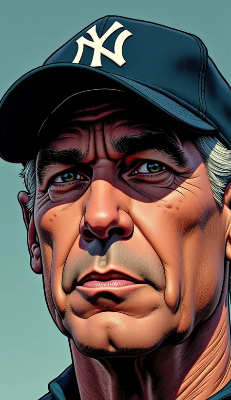 The face of a brown man , 50 year old Latino wearing a Yankees cap ,  in 80&#39;s graphic novel style