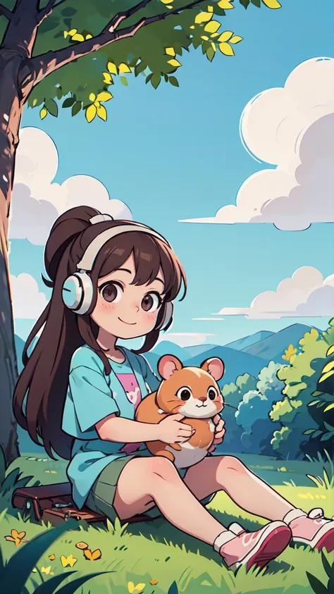 Pastel and soft-colored, illustrated poster featuring a small young girl with light skin, brown hair tied in a ponytail, and wearing large headphones, occupying only a small portion of the canvas. She is sitting on the grass, holding a cute hamster, smilin...