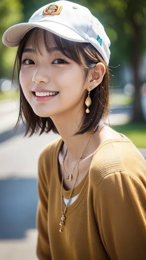 (masterpiece), (photo realistic:1.3), 14才, one young japanese girl, puffy face, (broad jawline:1.2), shiny skin, detailed skin, ((no makeup)), (wearing caps:1.2), light brown hair, (messy hair), symmetrical hair, short Bob Cut, (laugh out loud),  ,casual w...