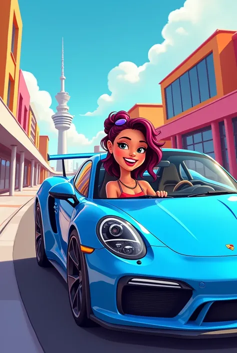 Girl with blue Porsche  in cartoon 
