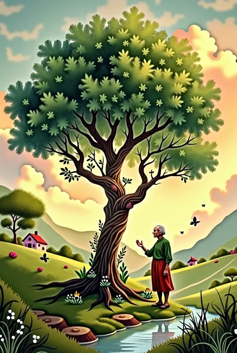 Create a cover image as a drawing for a parable that titles the story of the tree and the gardener
