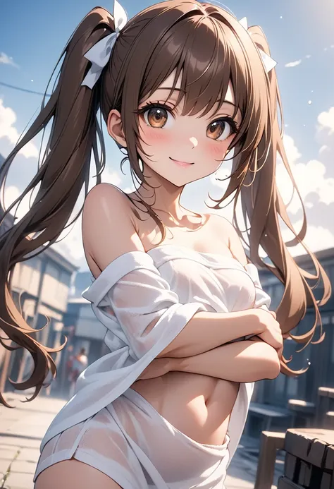  Very cute and beautiful girl,Anime Girls_1 person, Ryujo_Kantai Collection,Standing,small, girl,Brown_hair, Twin tails, Brown_eye, (Sexy pose), (Seductive pose), (Crop Top Belly Button), (Naked towel, (see-through Naked towel, 粘着性のあるNaked towel)), (Close-...