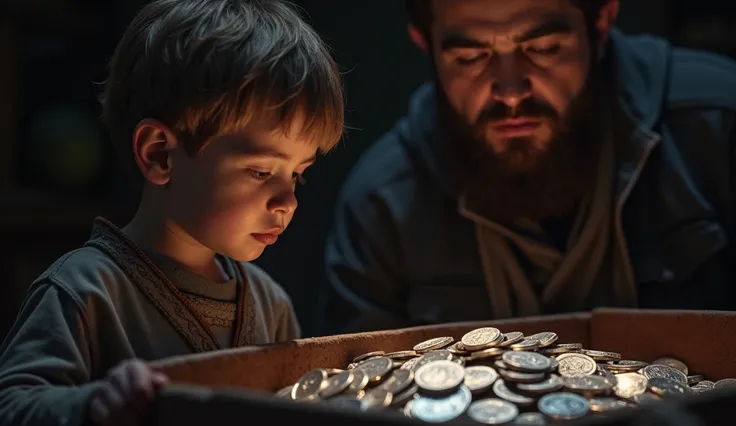 The ministers young son sees the minister seeing a box full of silver coins in a room.