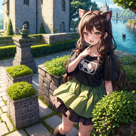 Rainbow brown hair、Rainbow Eyes、Wavy Hair、Hair tied up、Two cute、Checked mini skirt、Black T-shirt、Cat ear hood、Black knee-high socks、Teeth are visible、Monster Castle、Tilting face、lawn、In front of the city gates、The stone is cracked、Uneven ground、Stone Wall、...