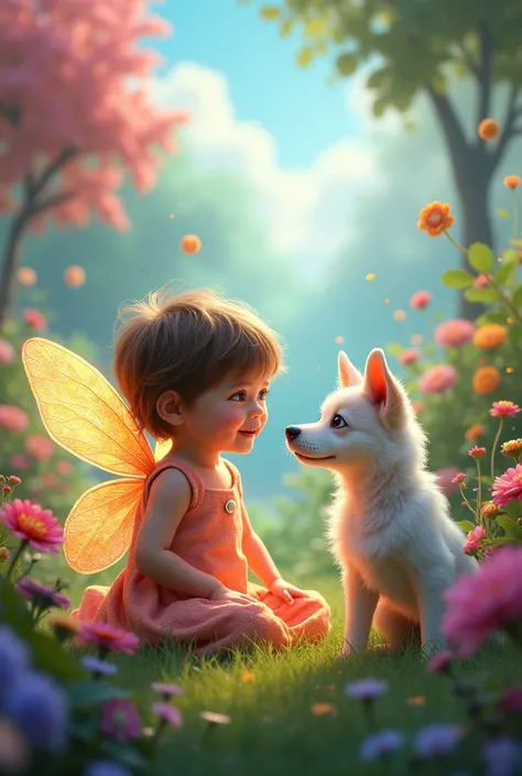  child ,a fairy dog, rainbow,  garden 